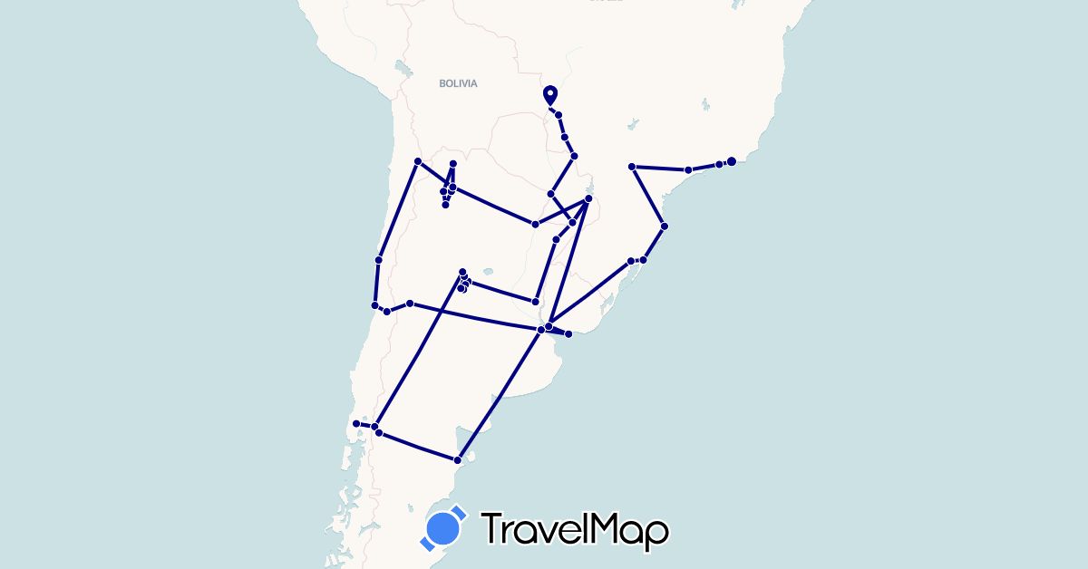 TravelMap itinerary: driving in Argentina, Brazil, Chile, Paraguay, Uruguay (South America)
